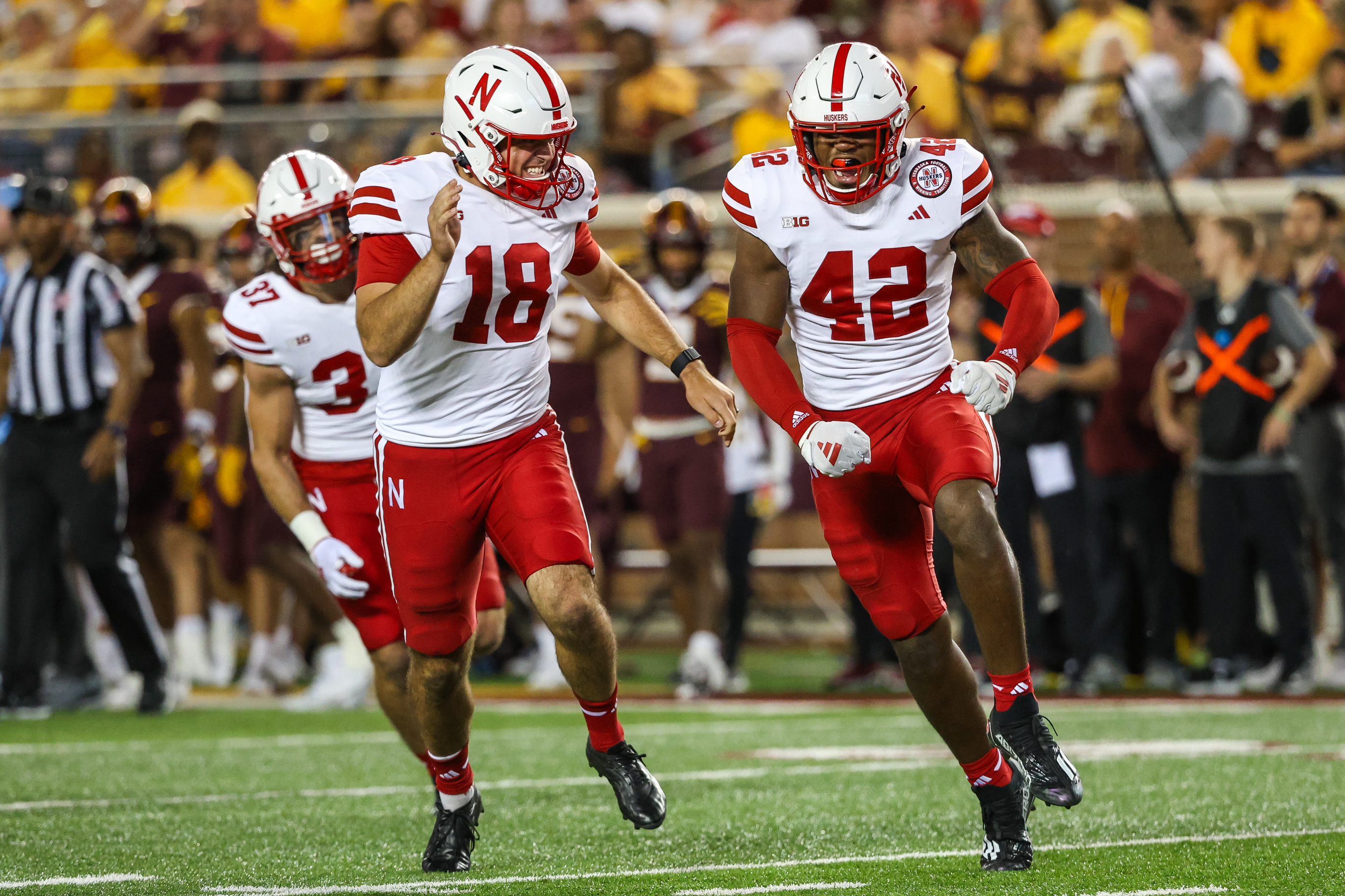 Nebraska Minnesota 2023 - Eric Fields celebrates key tackle
